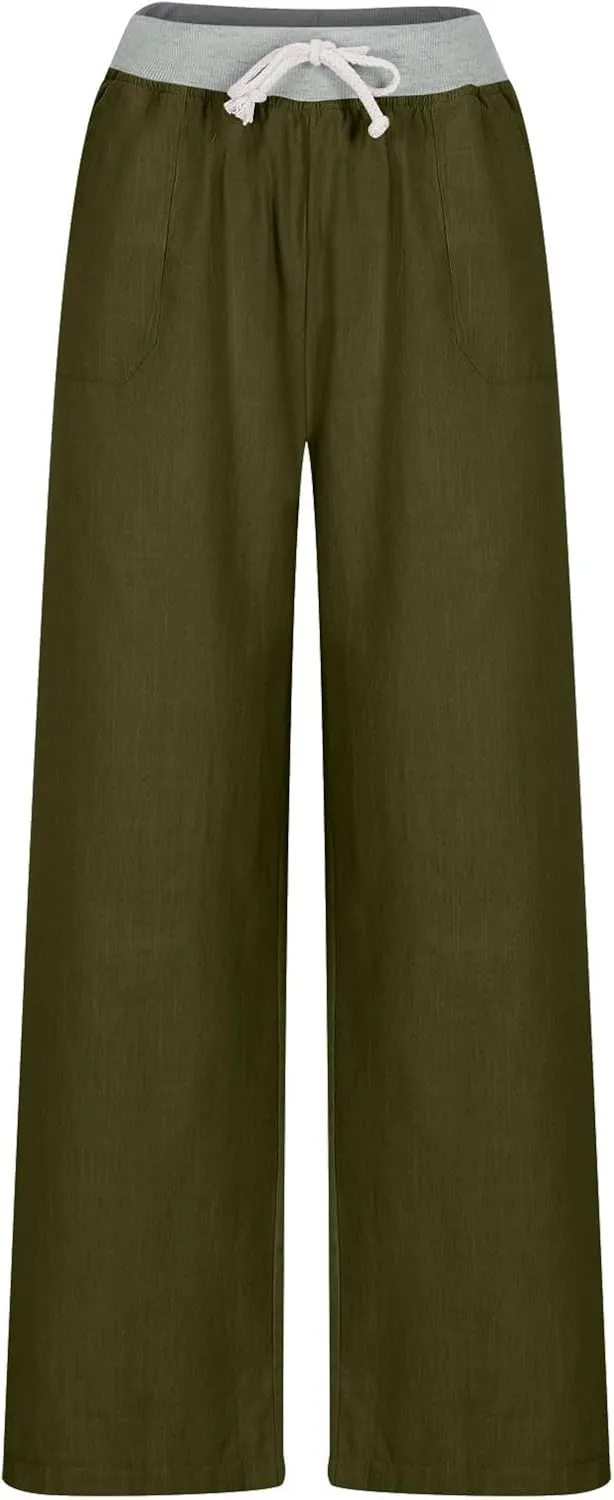Cargo Pants Women with Flap Pockets High Waisted Side Tie Hem Straight Leg Drawstring Hiking Pants for Travel Joggers
