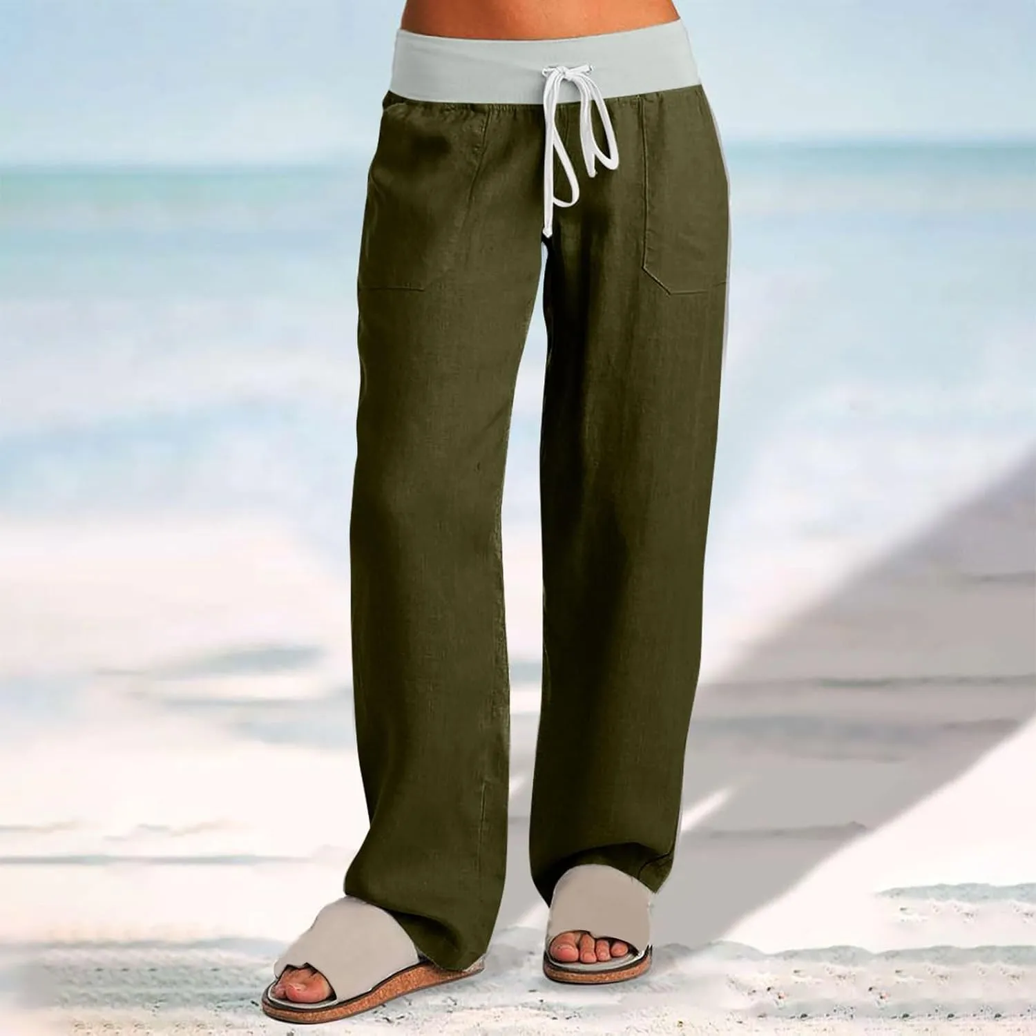 Cargo Pants Women with Flap Pockets High Waisted Side Tie Hem Straight Leg Drawstring Hiking Pants for Travel Joggers