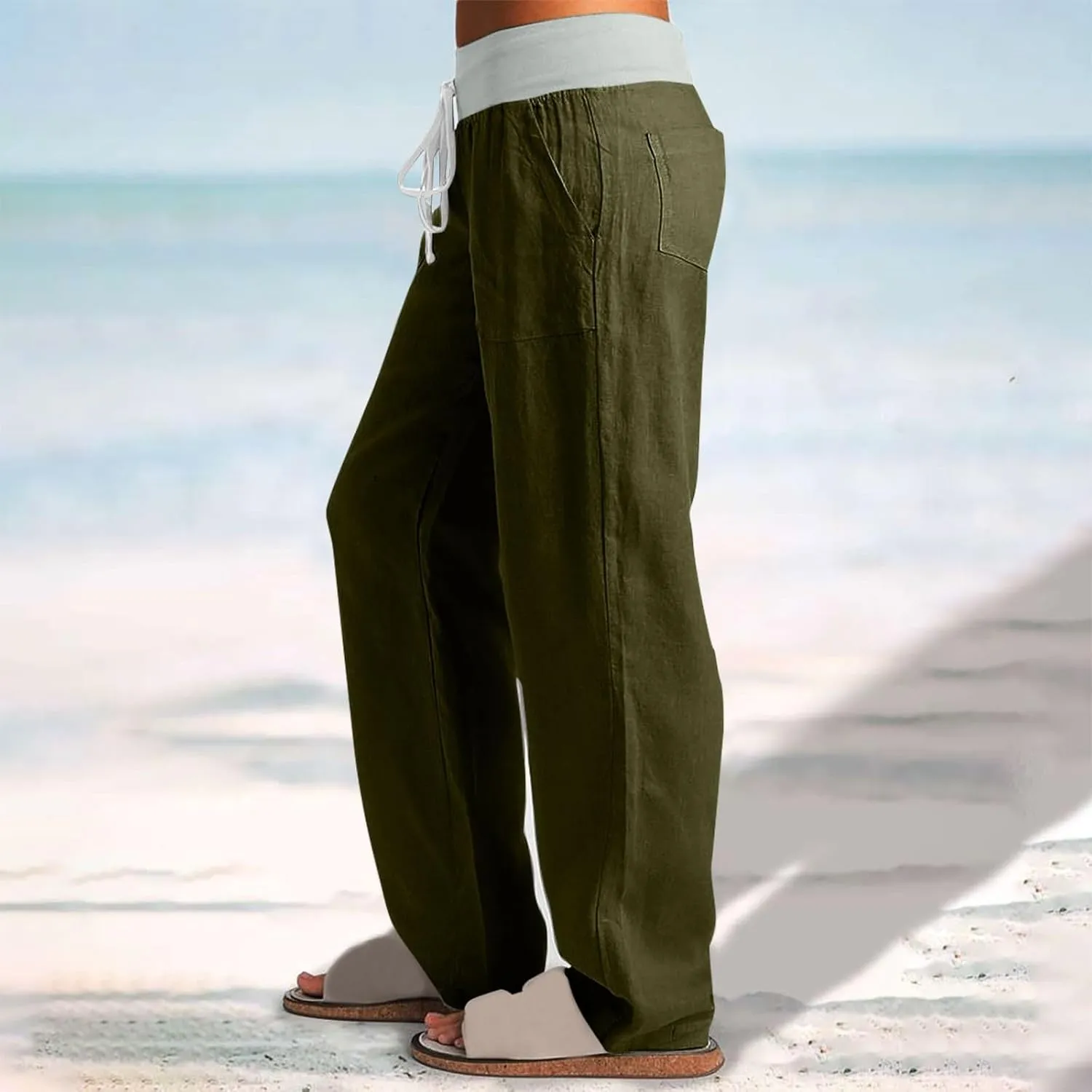 Cargo Pants Women with Flap Pockets High Waisted Side Tie Hem Straight Leg Drawstring Hiking Pants for Travel Joggers