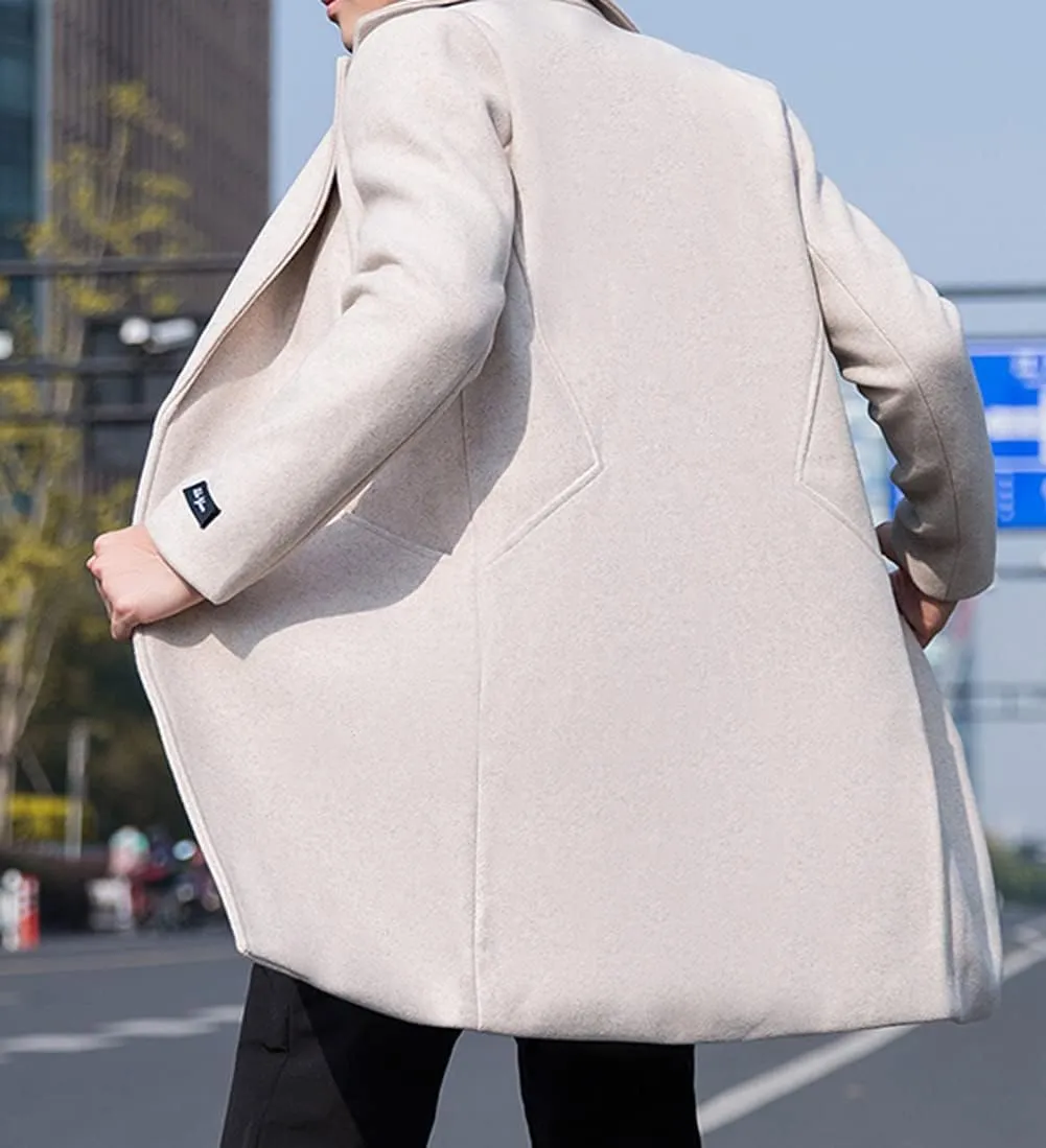 CHARTOU Men's Notched Collar 1 Button Slim Fit Midi Trench Pea Coat Jacket