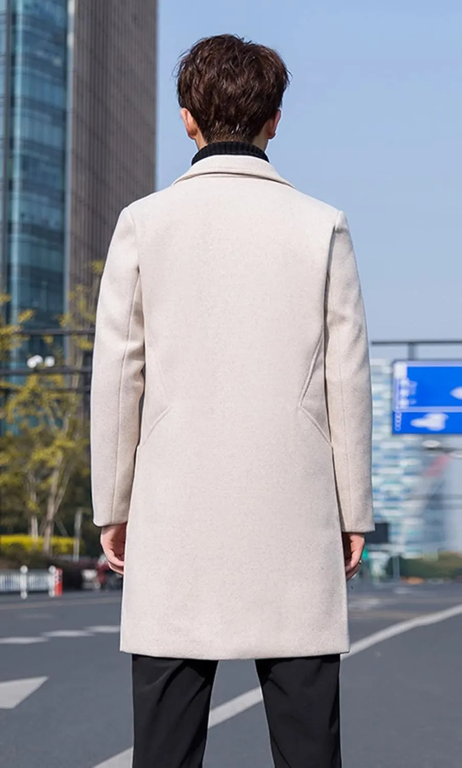 CHARTOU Men's Notched Collar 1 Button Slim Fit Midi Trench Pea Coat Jacket