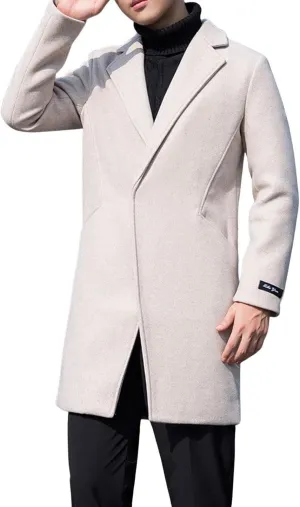 CHARTOU Men's Notched Collar 1 Button Slim Fit Midi Trench Pea Coat Jacket