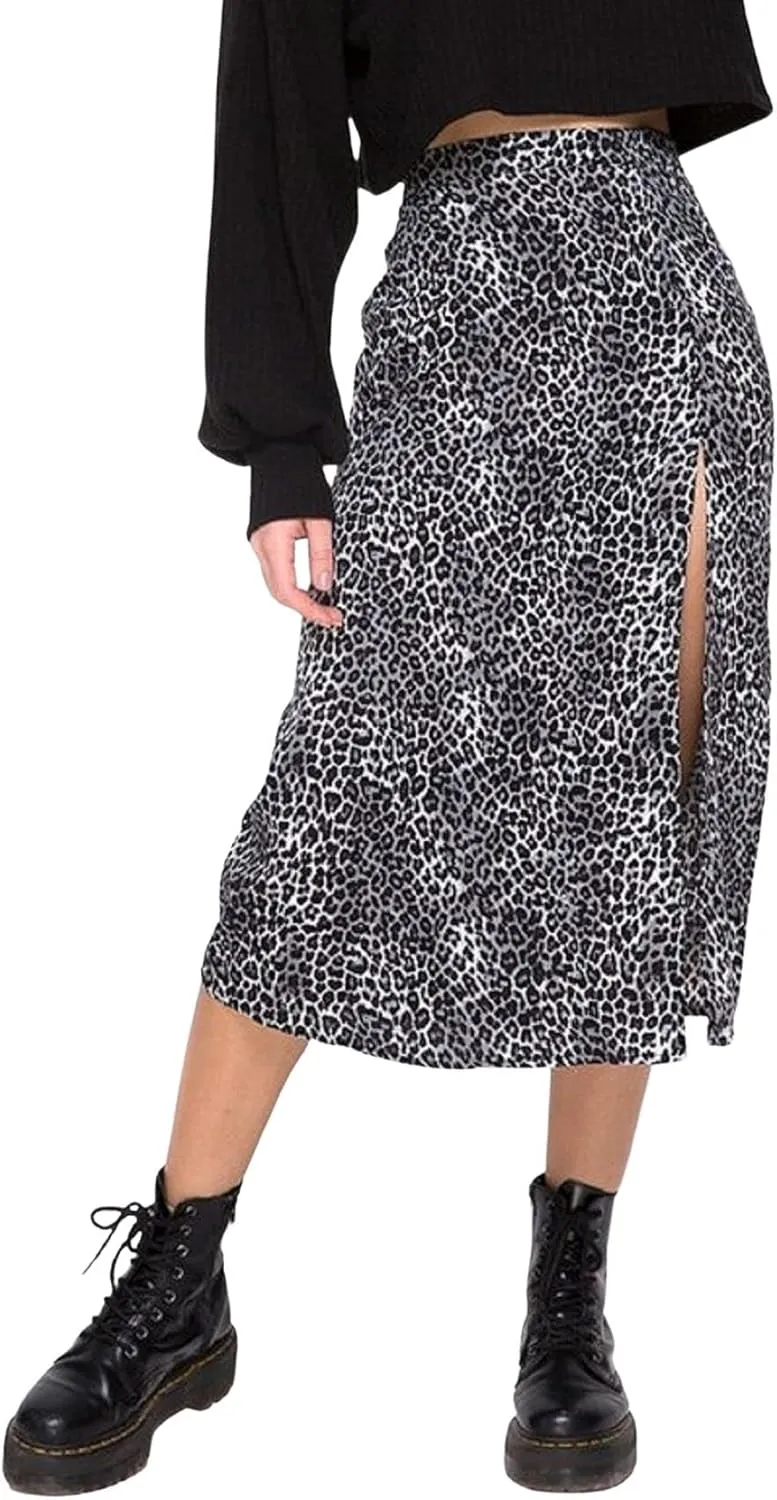 CHARTOU Women's Sexy High Waist Leopard Print Side Slit Boho A-Line Midi Long Skirt