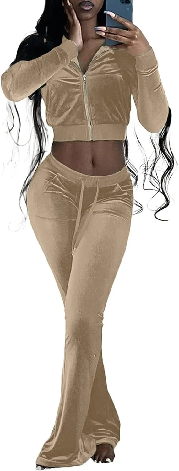 Chatinction Women's 2 Piece Outfit Velour Zip Up Crop Jacket and Bell Bottoms Long Pants with Pockets Tracksuit Set