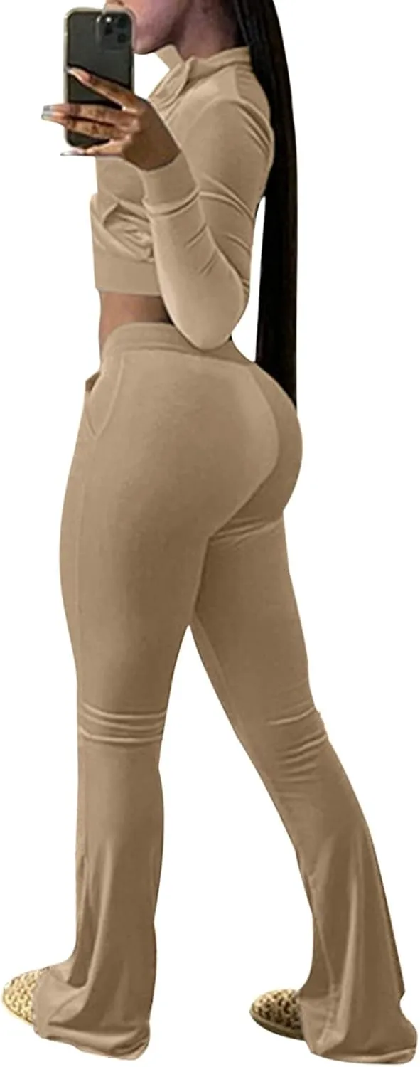 Chatinction Women's 2 Piece Outfit Velour Zip Up Crop Jacket and Bell Bottoms Long Pants with Pockets Tracksuit Set