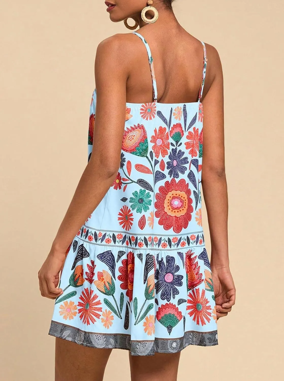 chouyatou Women's Boho Color Block Floral Printed Dress Sexy Spaghetti Strap Ruffle Babydoll Beach Mini Dress