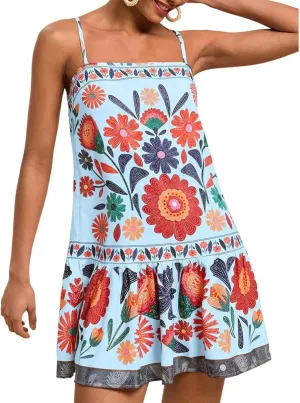 chouyatou Women's Boho Color Block Floral Printed Dress Sexy Spaghetti Strap Ruffle Babydoll Beach Mini Dress