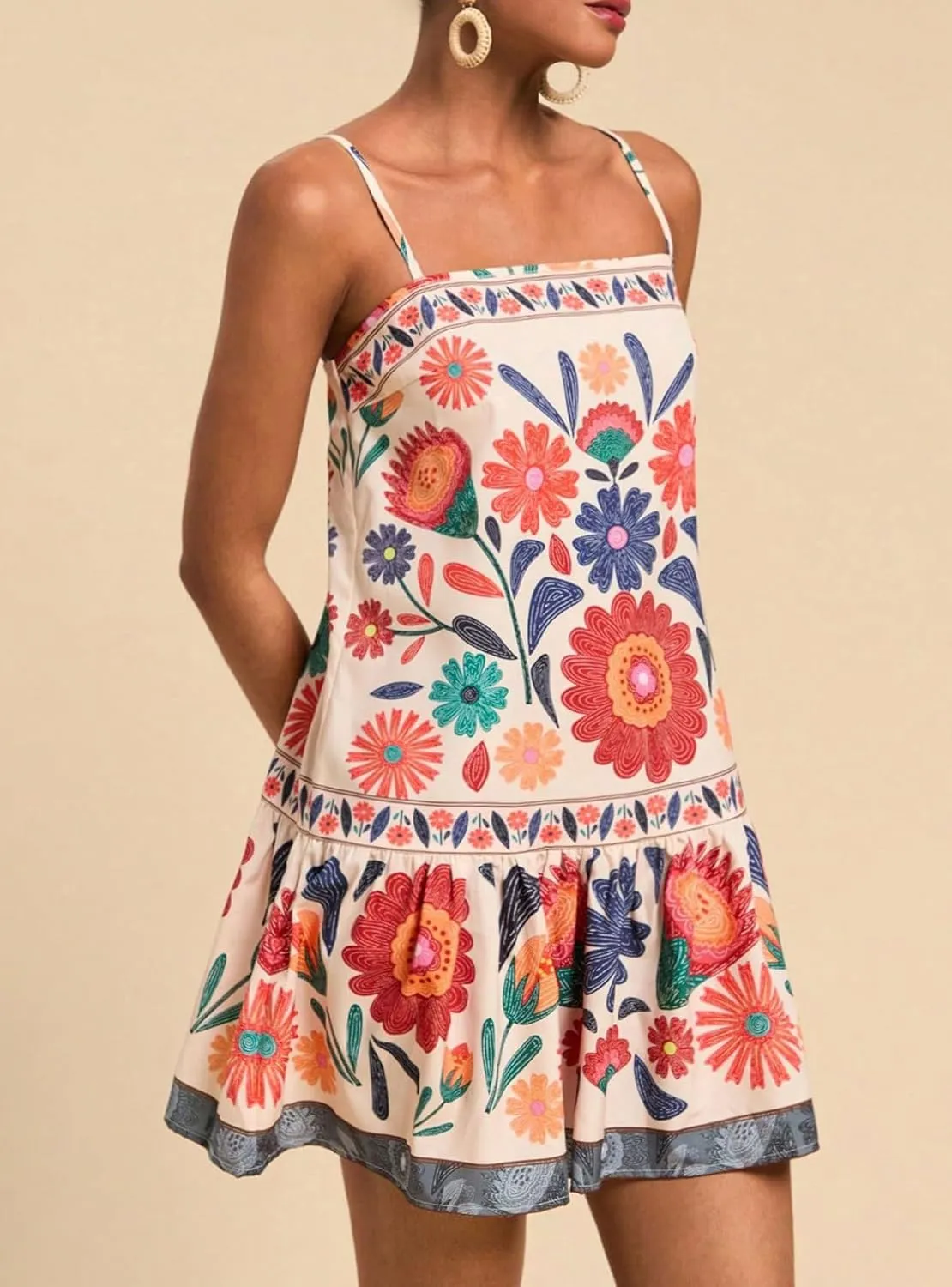 chouyatou Women's Boho Color Block Floral Printed Dress Sexy Spaghetti Strap Ruffle Babydoll Beach Mini Dress