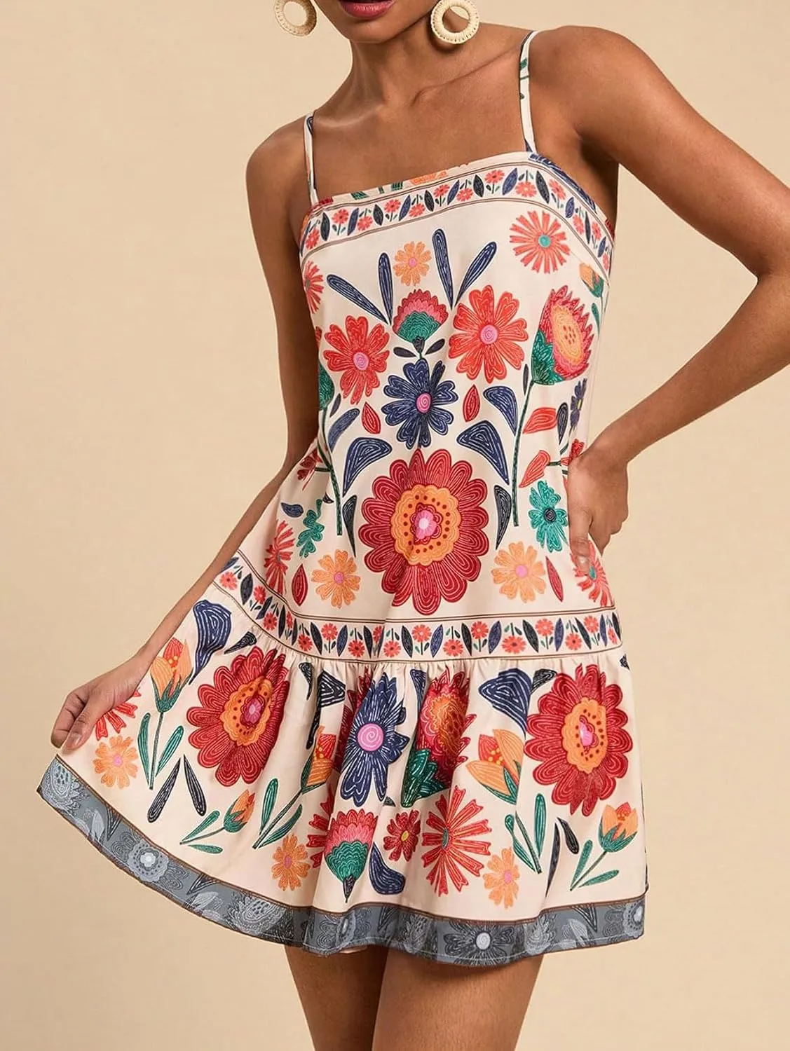 chouyatou Women's Boho Color Block Floral Printed Dress Sexy Spaghetti Strap Ruffle Babydoll Beach Mini Dress