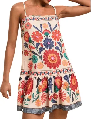 chouyatou Women's Boho Color Block Floral Printed Dress Sexy Spaghetti Strap Ruffle Babydoll Beach Mini Dress