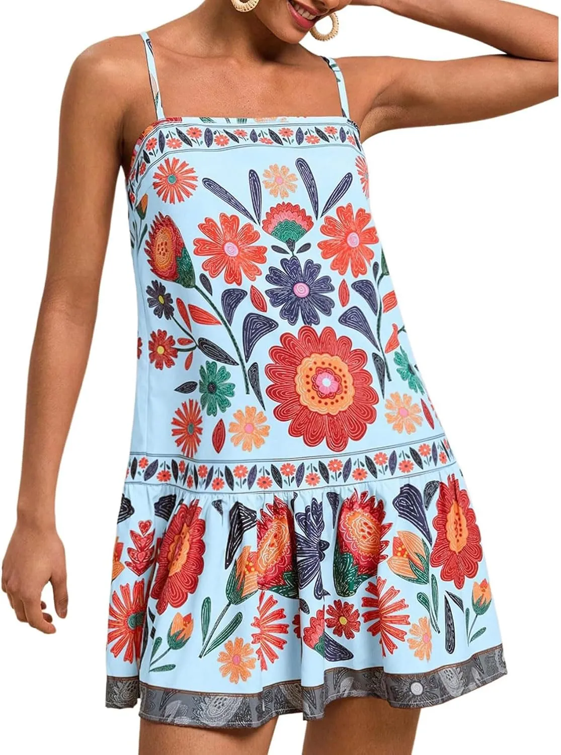 chouyatou Women's Boho Color Block Floral Printed Dress Sexy Spaghetti Strap Ruffle Babydoll Beach Mini Dress