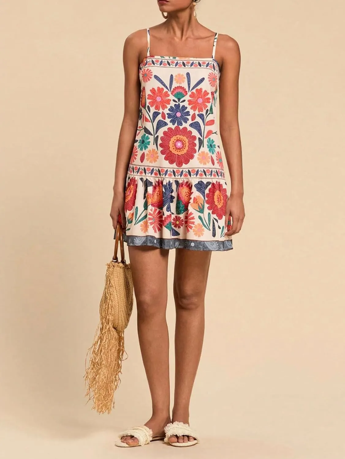 chouyatou Women's Boho Color Block Floral Printed Dress Sexy Spaghetti Strap Ruffle Babydoll Beach Mini Dress