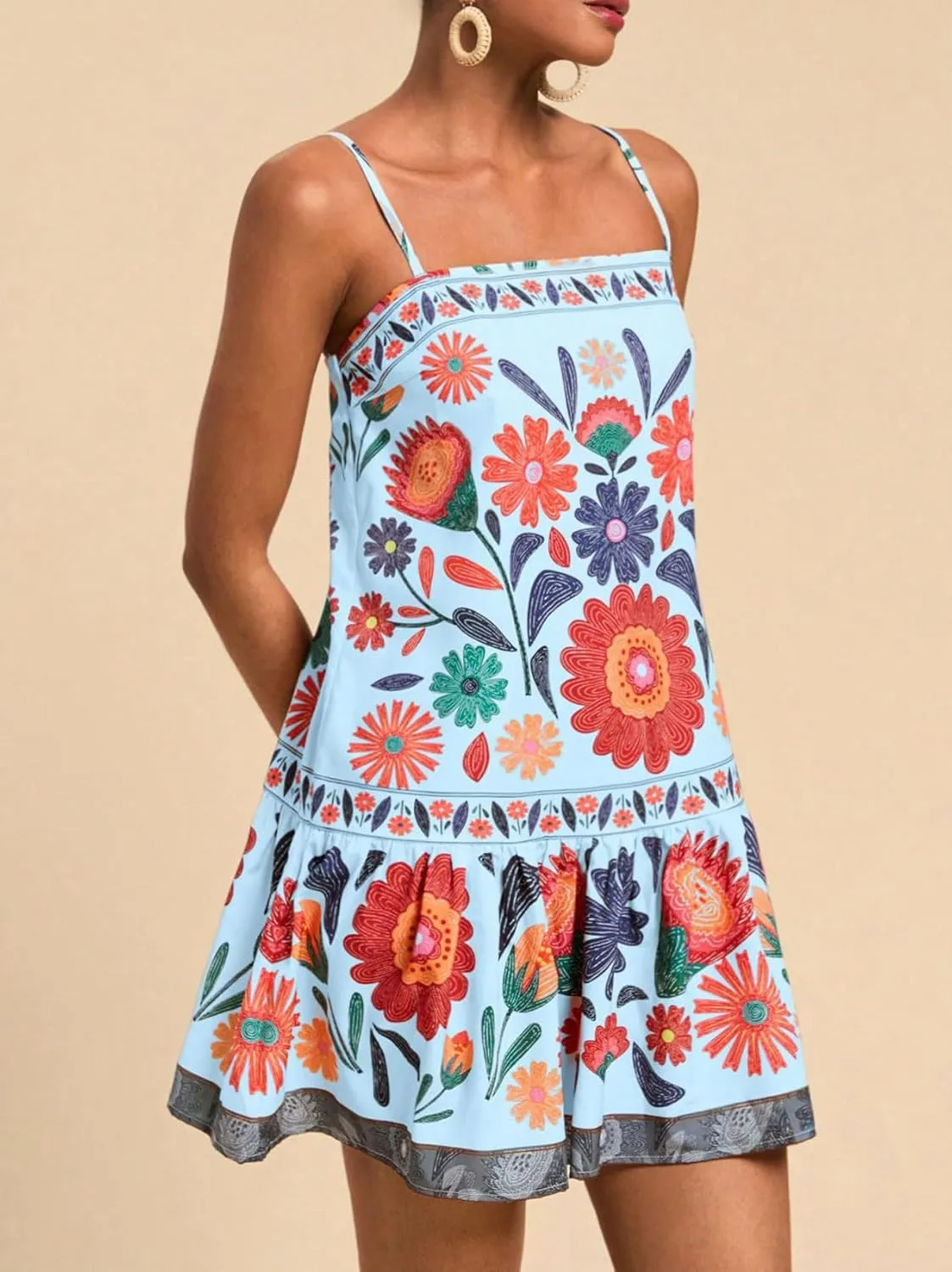chouyatou Women's Boho Color Block Floral Printed Dress Sexy Spaghetti Strap Ruffle Babydoll Beach Mini Dress