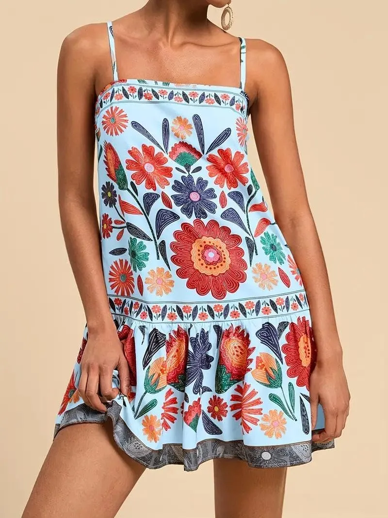 chouyatou Women's Boho Color Block Floral Printed Dress Sexy Spaghetti Strap Ruffle Babydoll Beach Mini Dress