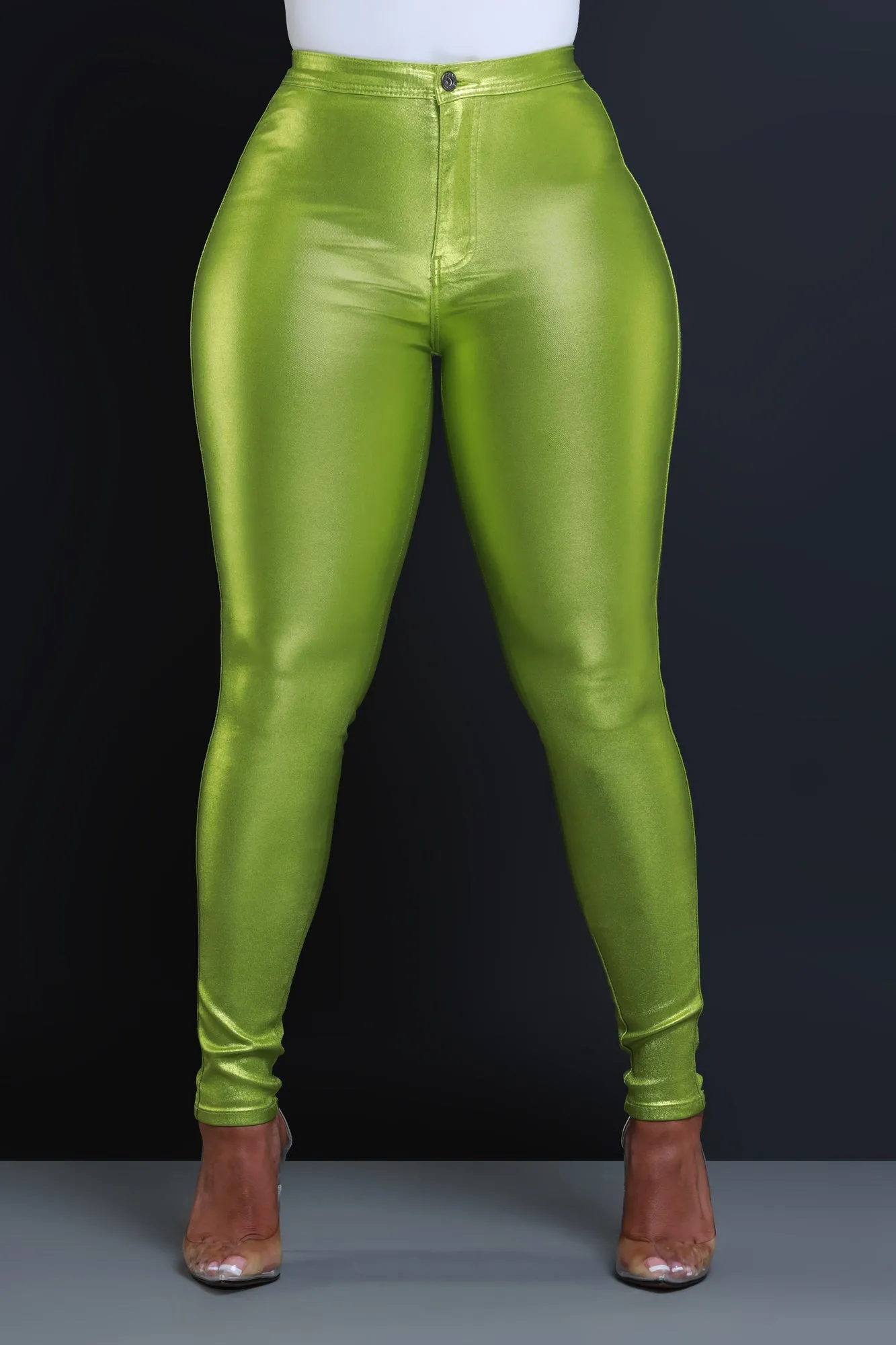 Coming In Hot High Rise Metallic Skinny Pants - Lime Green