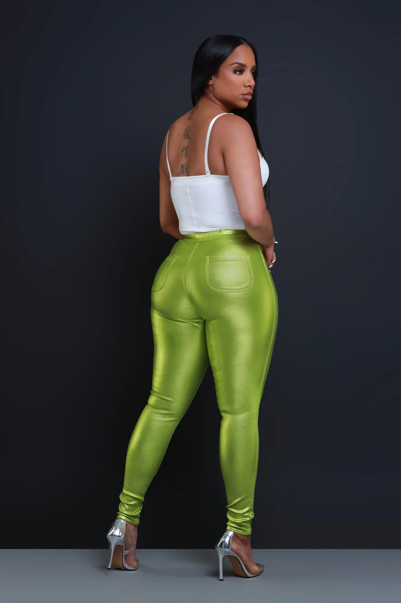 Coming In Hot High Rise Metallic Skinny Pants - Lime Green