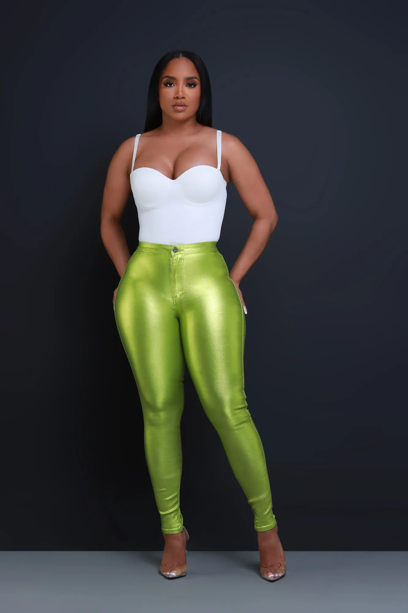 Coming In Hot High Rise Metallic Skinny Pants - Lime Green