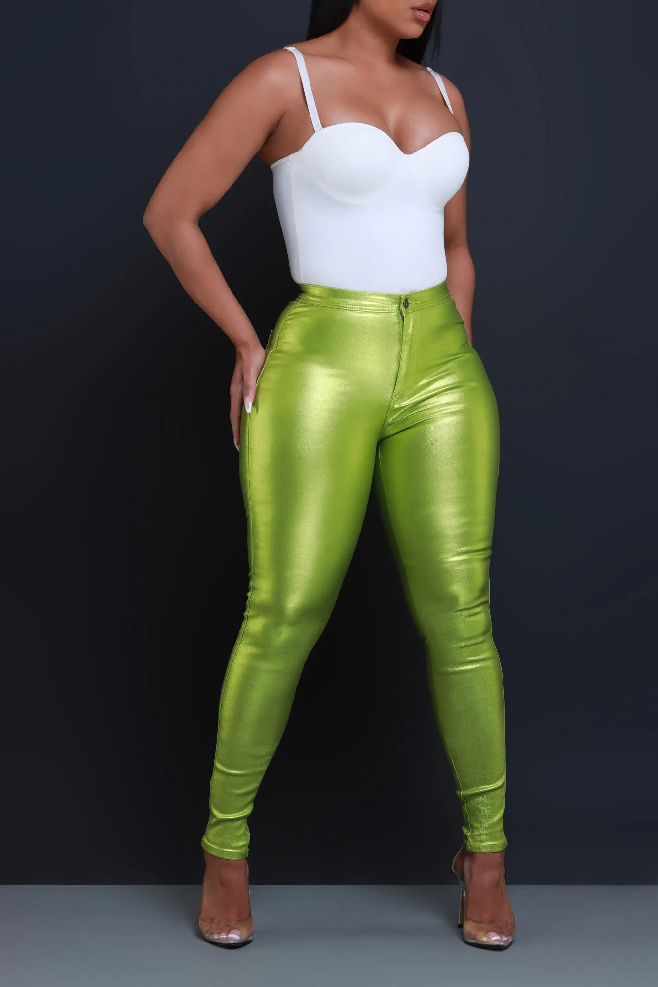 Coming In Hot High Rise Metallic Skinny Pants - Lime Green