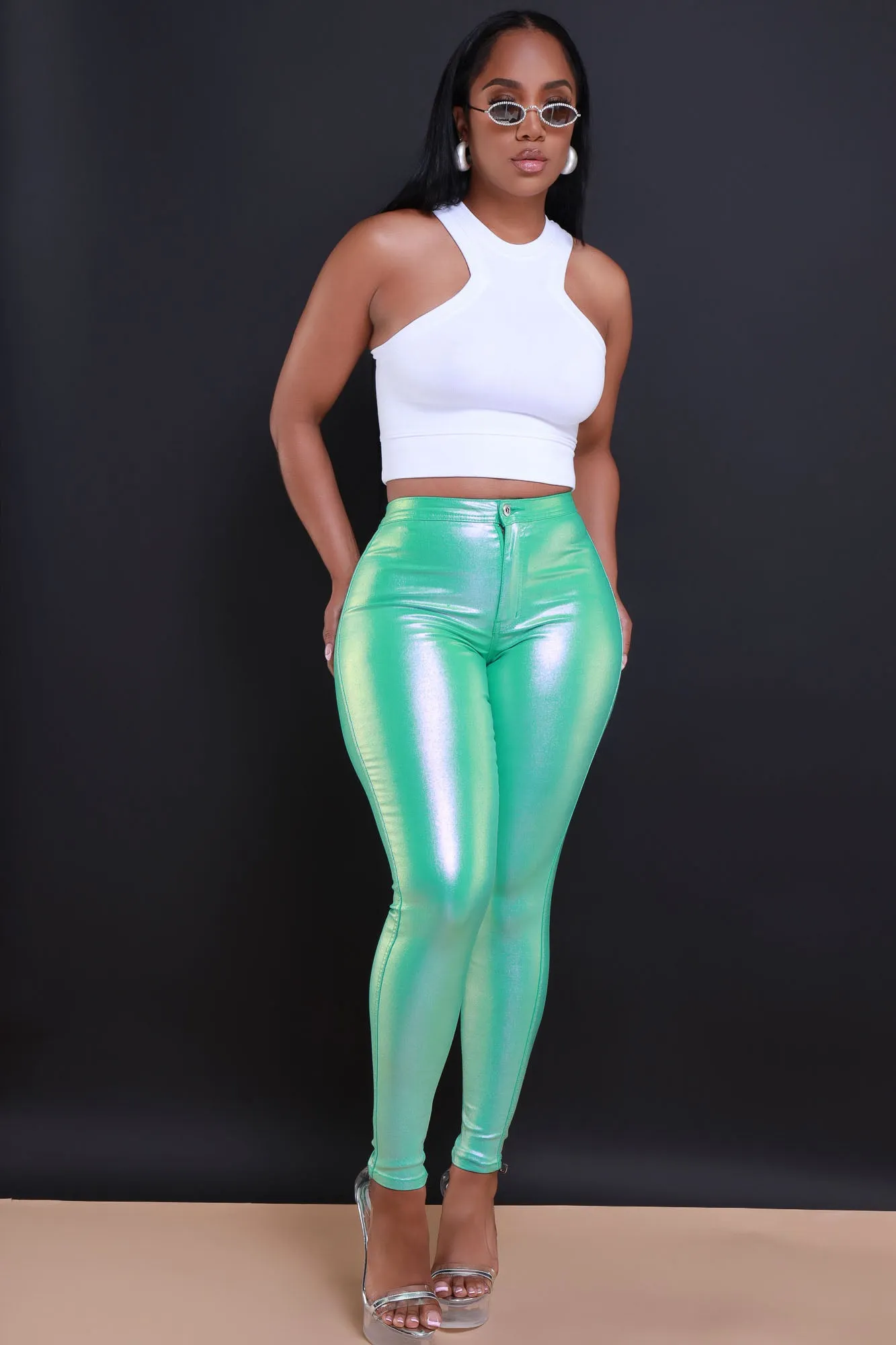 Coming In Hot High Rise Metallic Skinny Pants - Mint