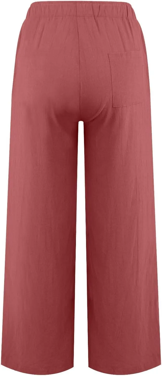 Cotton Linen Palazzo Pants for Women Casual Summer Boho Pants Lightweight High Waisted Wide Leg Pants with Pockets