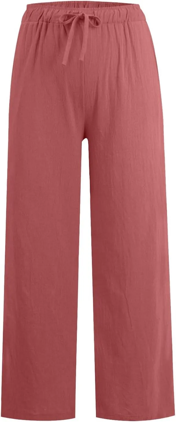 Cotton Linen Palazzo Pants for Women Casual Summer Boho Pants Lightweight High Waisted Wide Leg Pants with Pockets