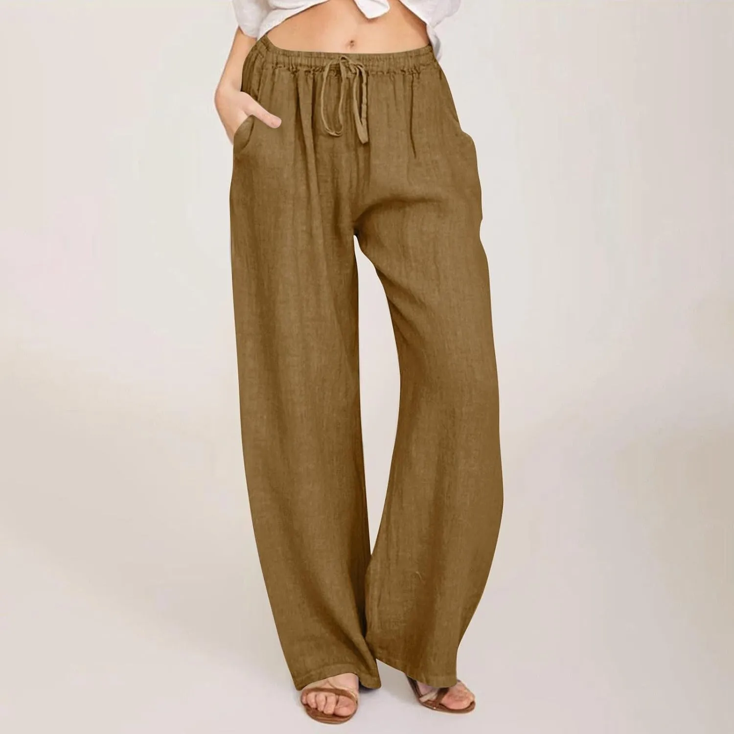 Cotton Linen Palazzo Pants for Women Casual Summer Boho Pants Lightweight High Waisted Wide Leg Pants with Pockets