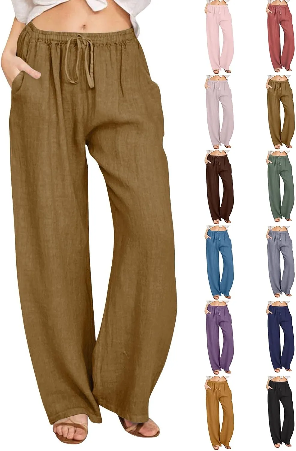 Cotton Linen Palazzo Pants for Women Casual Summer Boho Pants Lightweight High Waisted Wide Leg Pants with Pockets