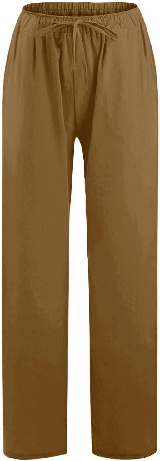 Cotton Linen Palazzo Pants for Women Casual Summer Boho Pants Lightweight High Waisted Wide Leg Pants with Pockets