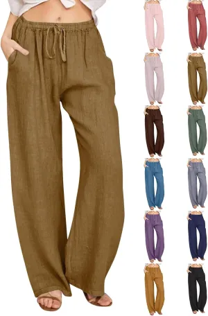Cotton Linen Palazzo Pants for Women Casual Summer Boho Pants Lightweight High Waisted Wide Leg Pants with Pockets