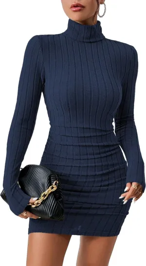 COZYEASE Women's Rib Knit Ruched Long Sleeve Short Bodycon Dresses High Neck Slim Fit High Waist Sweater Dress