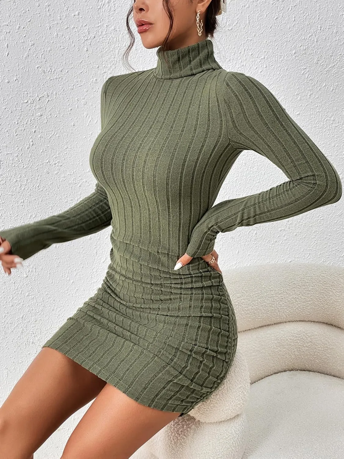 COZYEASE Women's Rib Knit Ruched Long Sleeve Short Bodycon Dresses High Neck Slim Fit High Waist Sweater Dress