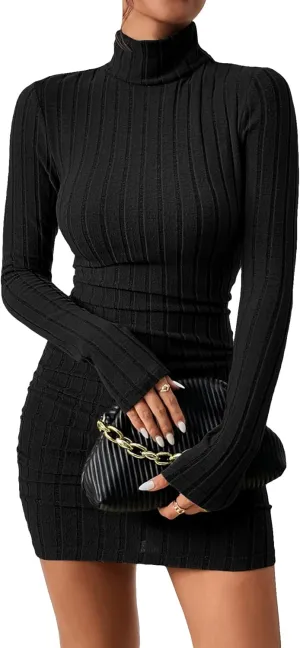 COZYEASE Women's Rib Knit Ruched Long Sleeve Short Bodycon Dresses High Neck Slim Fit High Waist Sweater Dress