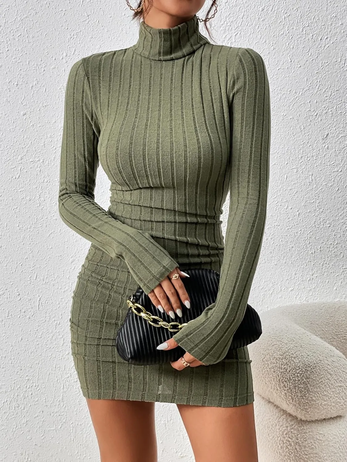 COZYEASE Women's Rib Knit Ruched Long Sleeve Short Bodycon Dresses High Neck Slim Fit High Waist Sweater Dress