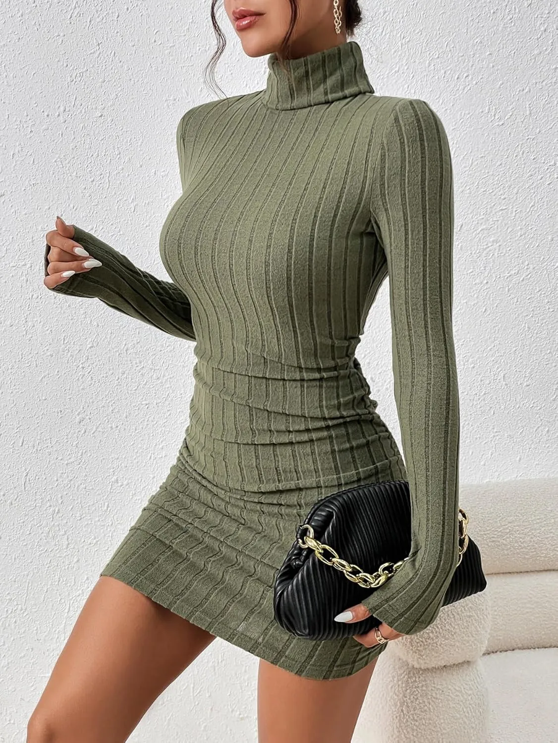 COZYEASE Women's Rib Knit Ruched Long Sleeve Short Bodycon Dresses High Neck Slim Fit High Waist Sweater Dress