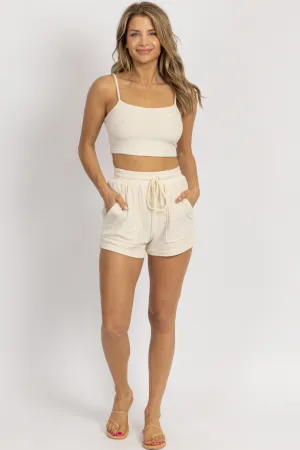 CREAM TERRYCLOTH CROP   SHORTS SET