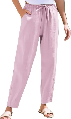 Cropped Linen Pants Women Elastic Waist Straight Leg Ankle Pants Lightweight Comfy Trousers 2025 Summer Beach Outfits