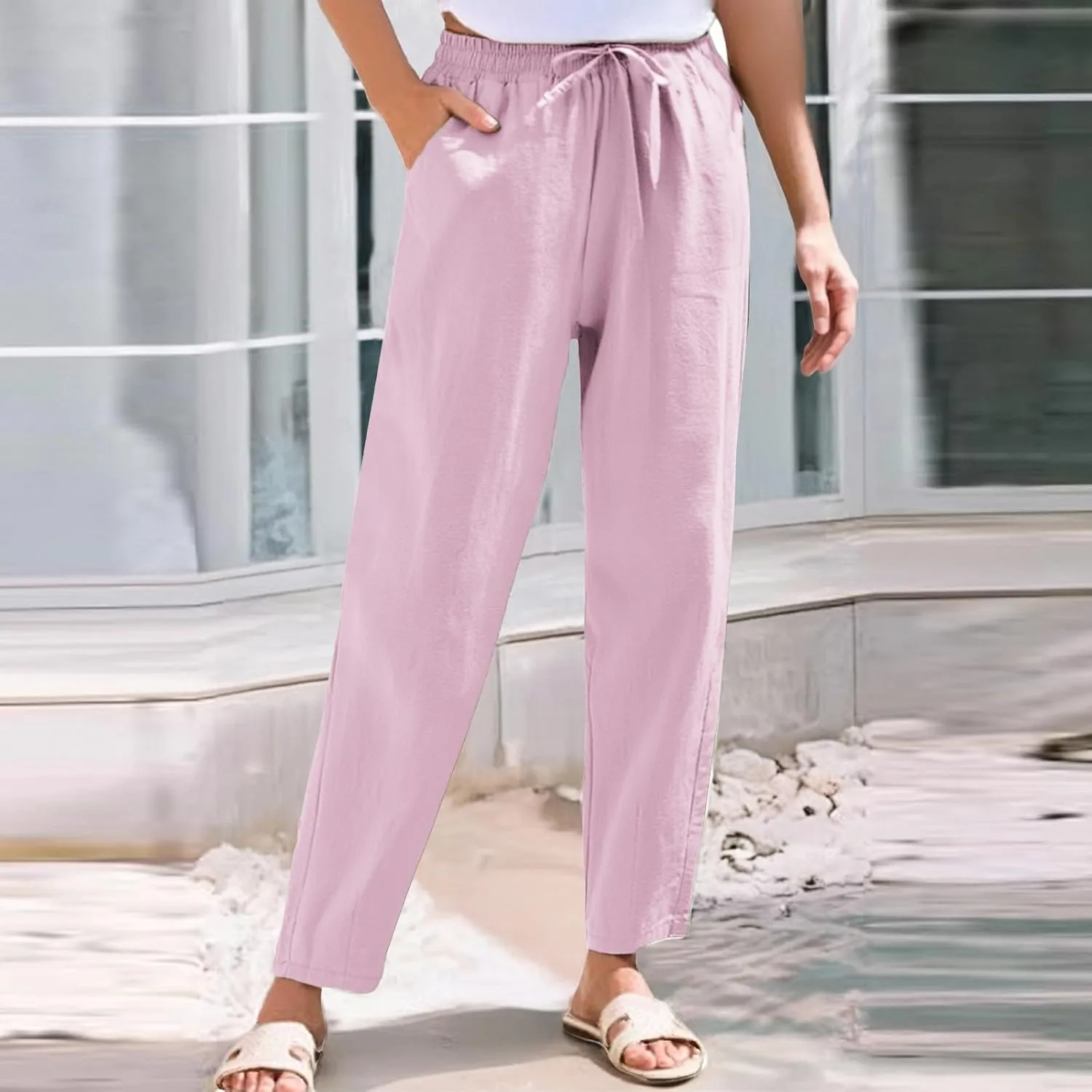 Cropped Linen Pants Women Elastic Waist Straight Leg Ankle Pants Lightweight Comfy Trousers 2025 Summer Beach Outfits