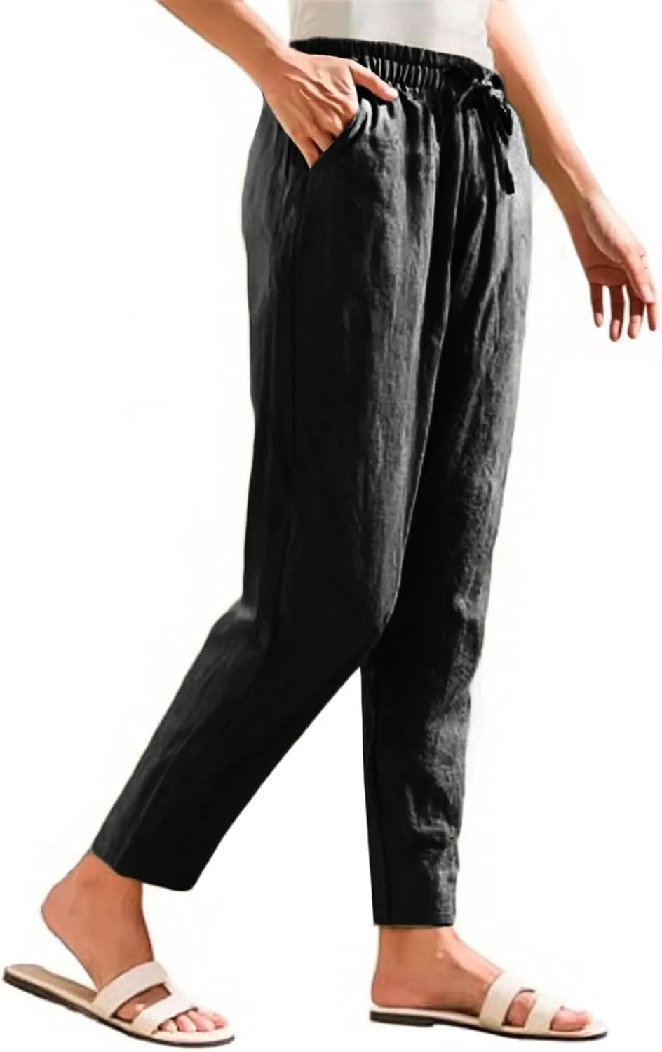 Cropped Linen Pants Women Elastic Waist Straight Leg Ankle Pants Lightweight Comfy Trousers 2025 Summer Beach Outfits