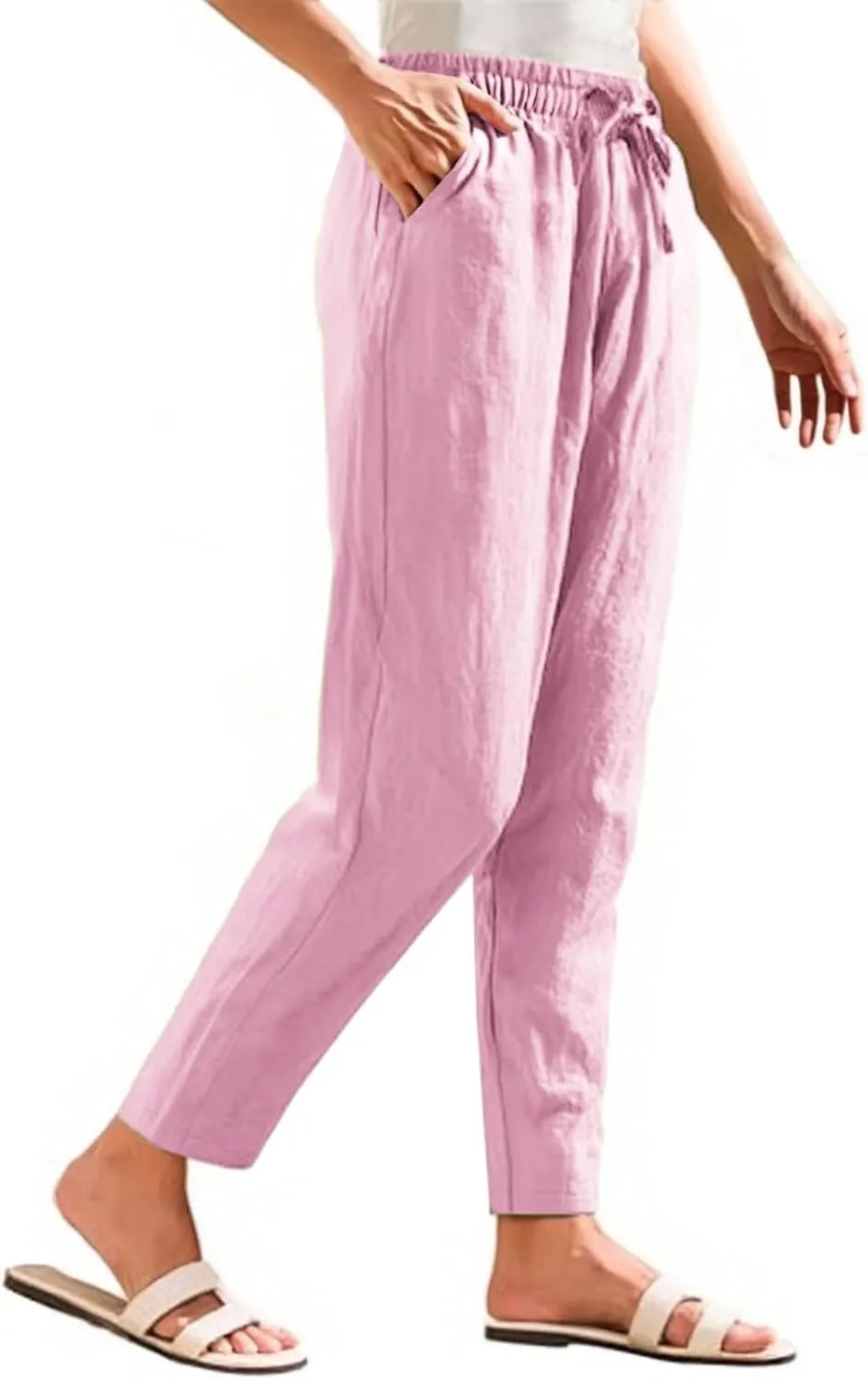 Cropped Linen Pants Women Elastic Waist Straight Leg Ankle Pants Lightweight Comfy Trousers 2025 Summer Beach Outfits