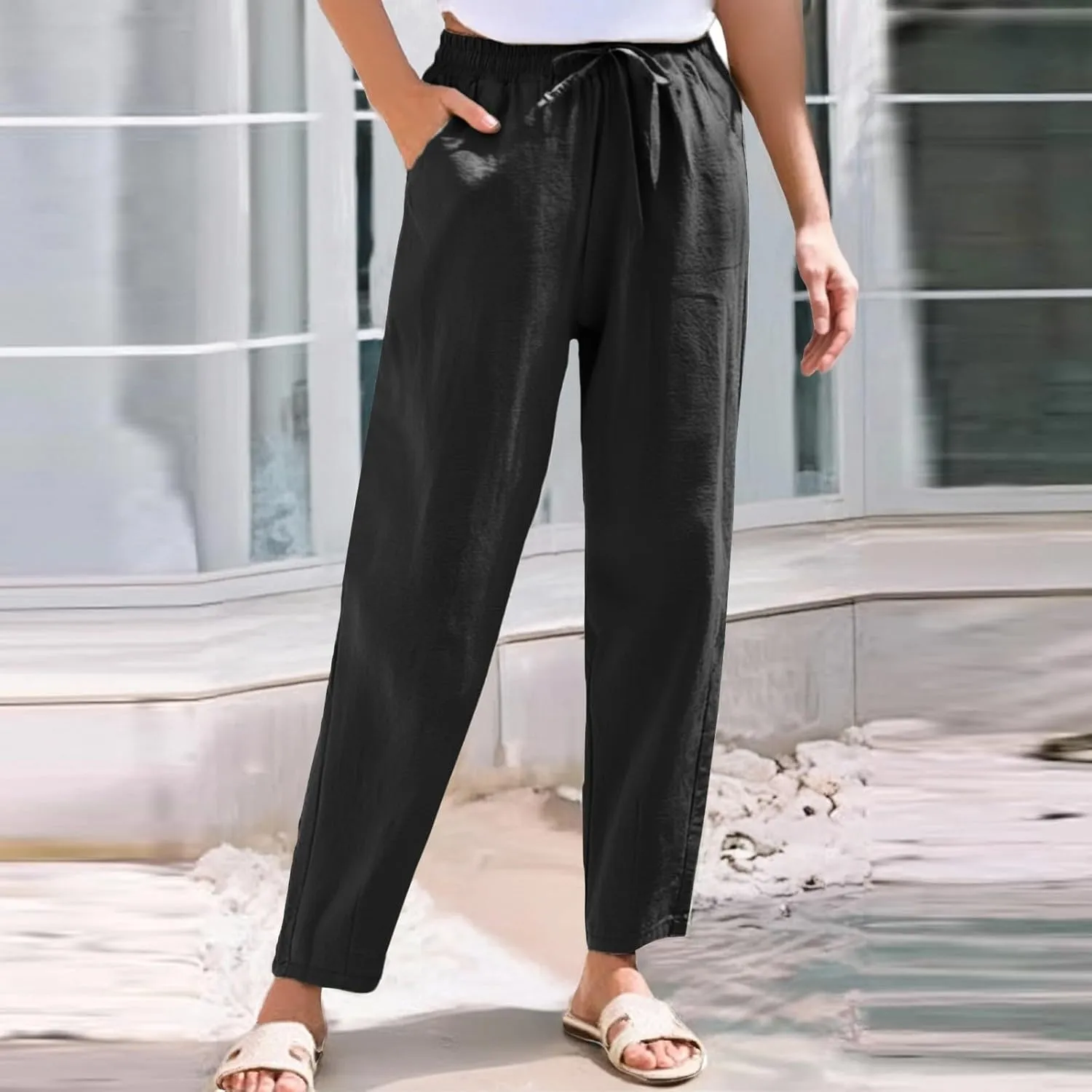 Cropped Linen Pants Women Elastic Waist Straight Leg Ankle Pants Lightweight Comfy Trousers 2025 Summer Beach Outfits