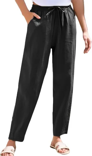 Cropped Linen Pants Women Elastic Waist Straight Leg Ankle Pants Lightweight Comfy Trousers 2025 Summer Beach Outfits