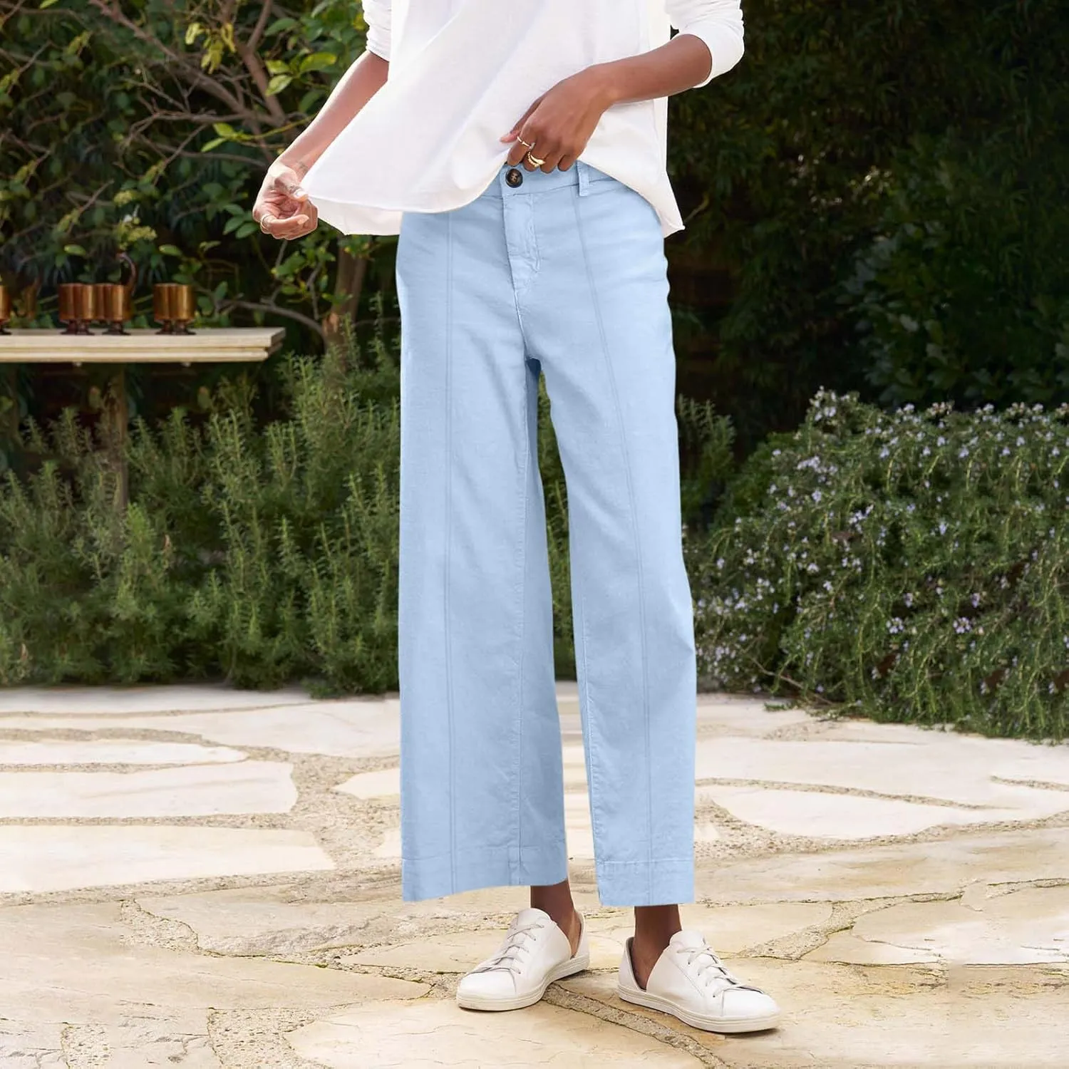 Cropped Linen Pants Women Elastic Waist Wide Leg Dress Pants Comfy Business Casual Work Pants Trousers with Pockets