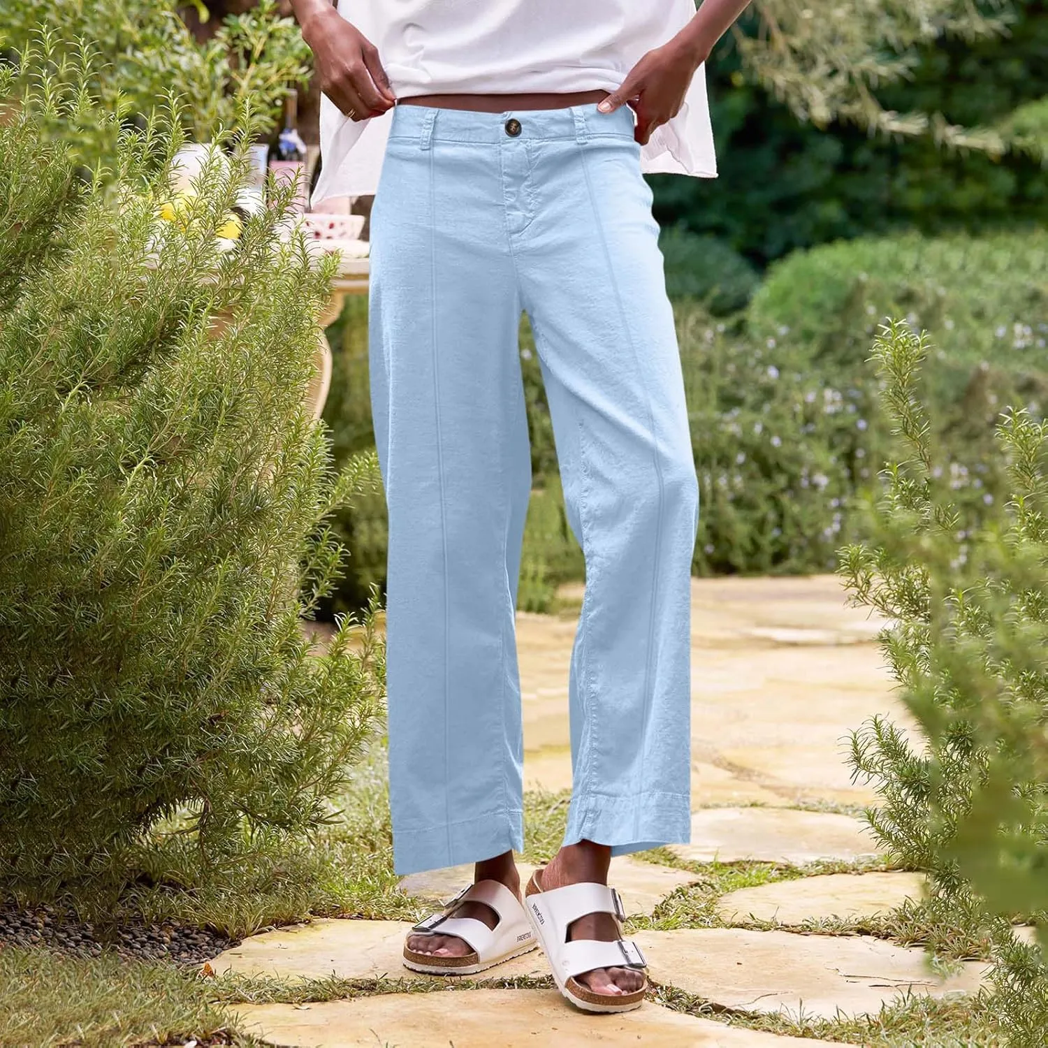 Cropped Linen Pants Women Elastic Waist Wide Leg Dress Pants Comfy Business Casual Work Pants Trousers with Pockets