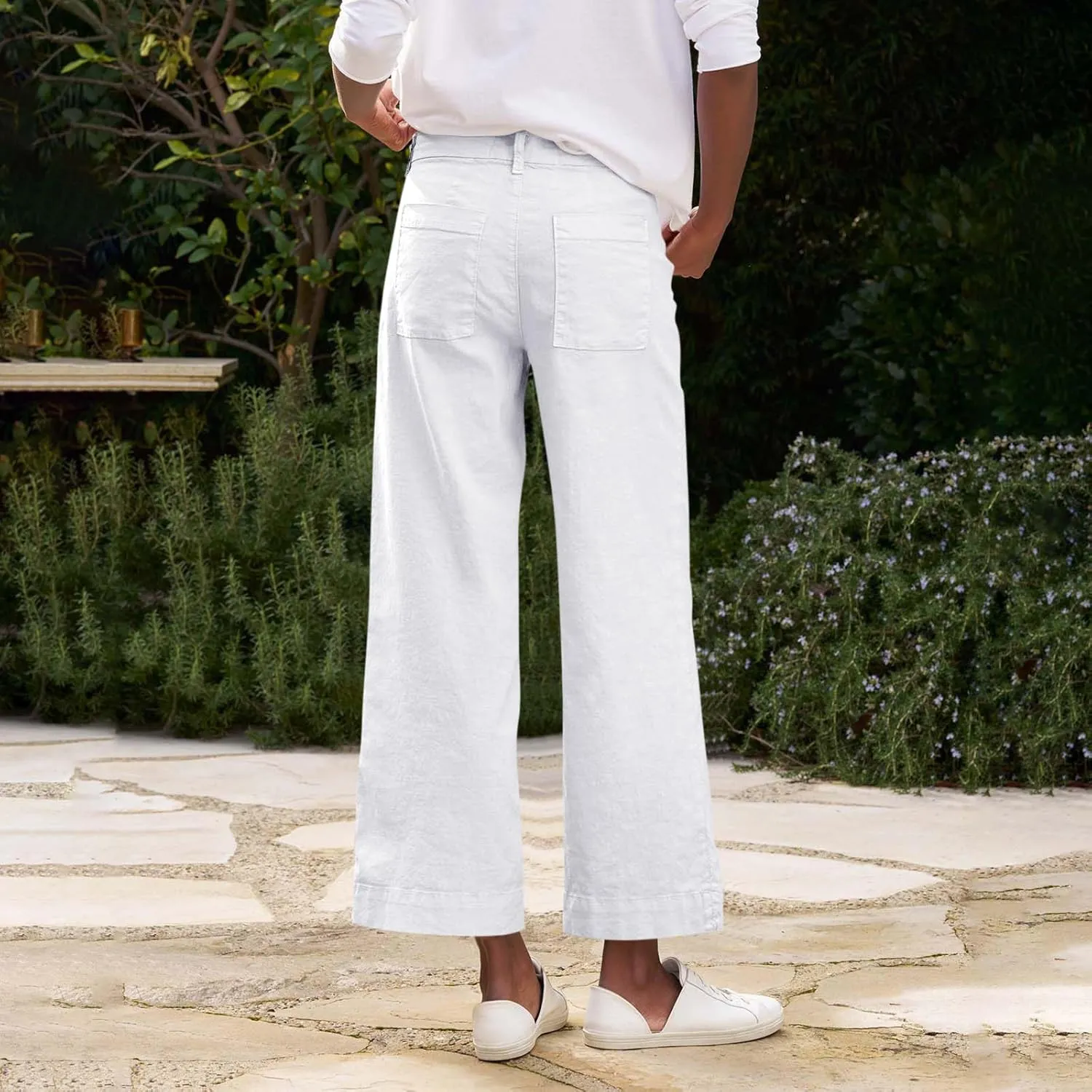 Cropped Linen Pants Women Elastic Waist Wide Leg Dress Pants Comfy Business Casual Work Pants Trousers with Pockets