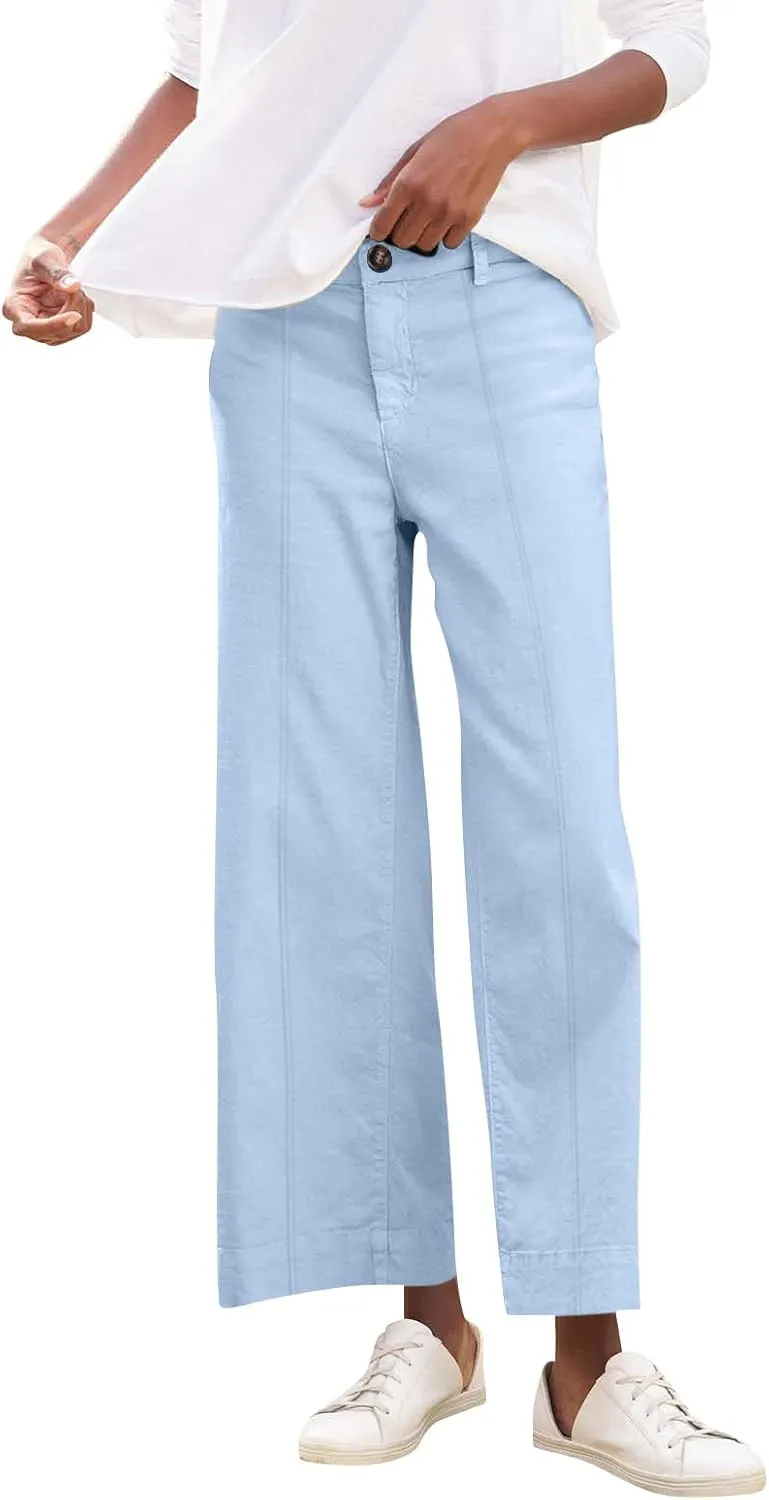 Cropped Linen Pants Women Elastic Waist Wide Leg Dress Pants Comfy Business Casual Work Pants Trousers with Pockets