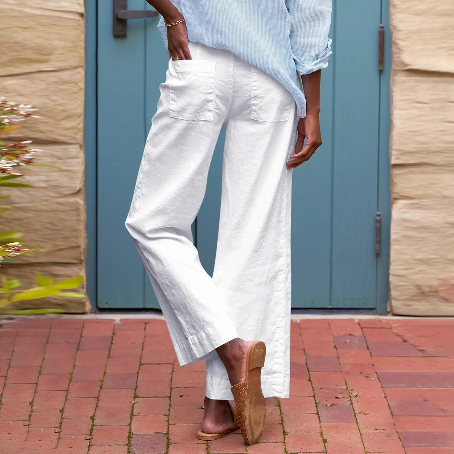Cropped Linen Pants Women Elastic Waist Wide Leg Dress Pants Comfy Business Casual Work Pants Trousers with Pockets
