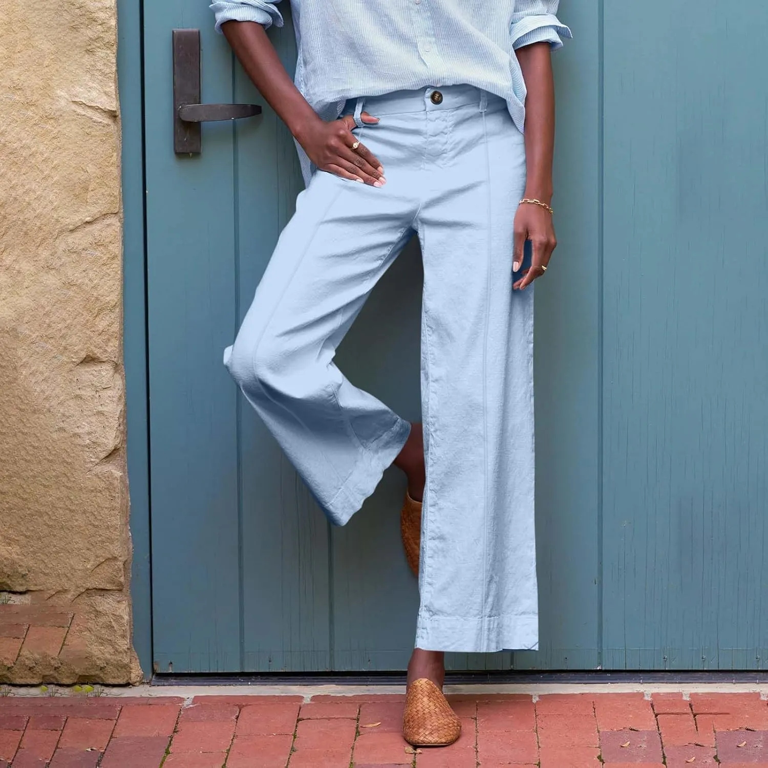 Cropped Linen Pants Women Elastic Waist Wide Leg Dress Pants Comfy Business Casual Work Pants Trousers with Pockets