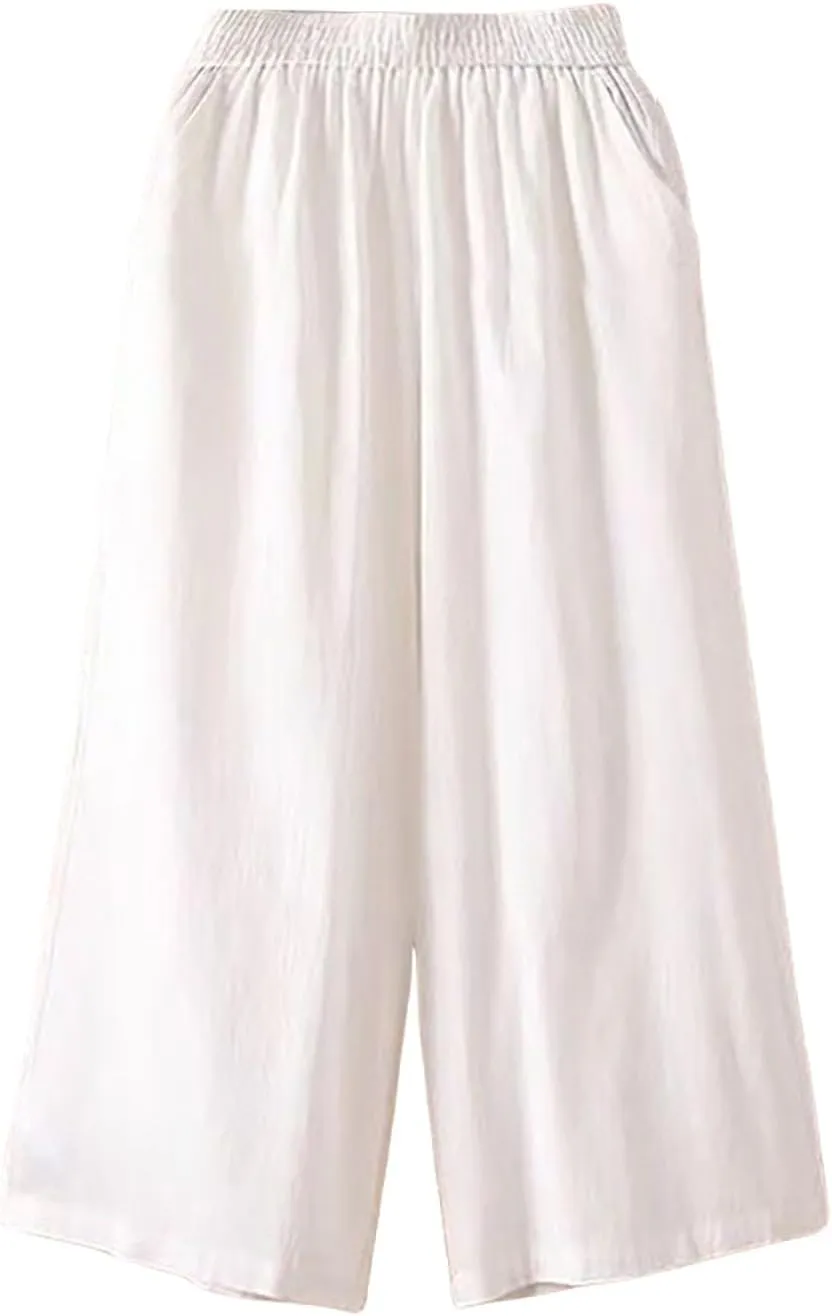 Cropped Linen Pants Women Plus Size Elastic Waist Wide Leg Lounge Pants with Pockets Comfy Summer Cotton Beach Pants
