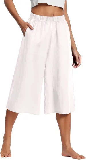Cropped Linen Pants Women Plus Size Elastic Waist Wide Leg Lounge Pants with Pockets Comfy Summer Cotton Beach Pants