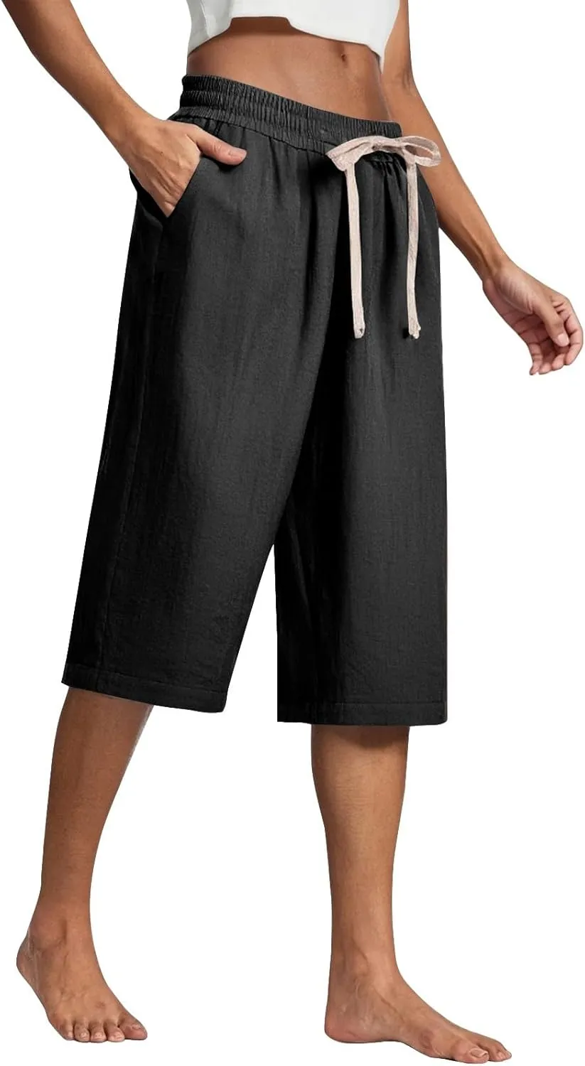 Cropped Linen Pants Women Plus Size Elastic Waist Wide Leg Lounge Pants with Pockets Comfy Summer Cotton Beach Pants